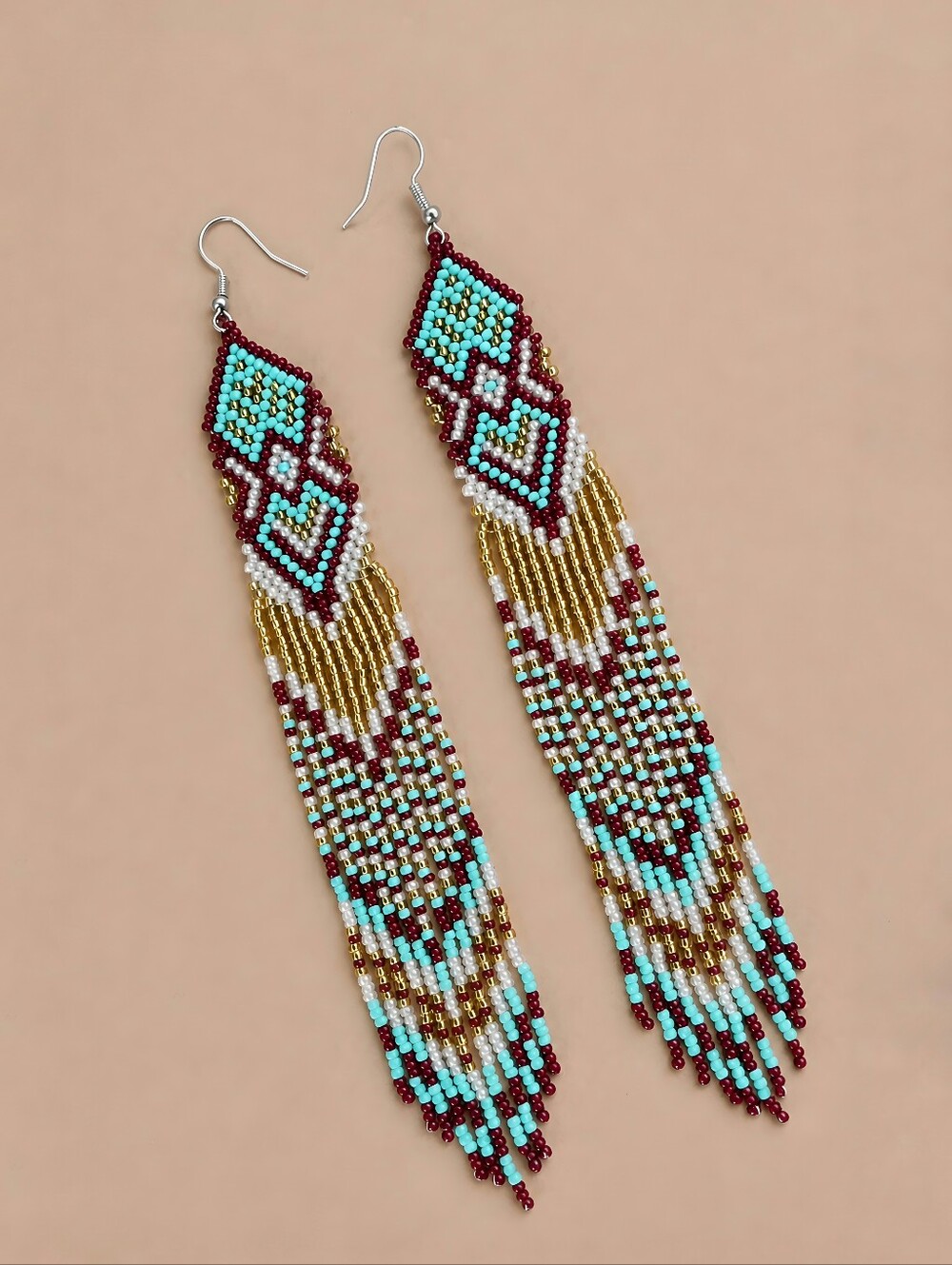 Handmade Candy Southwestern Boho Fringe Beaded Earrings Long - Pink Blue Red